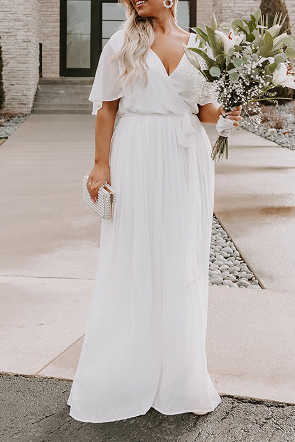 White Wrap V Neck Belted Plus Size Flowy Maxi Dress